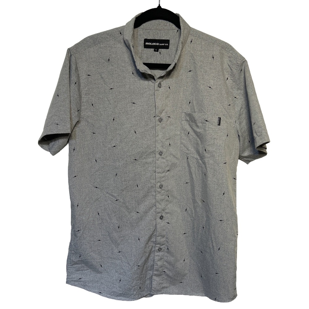 Molokai Surf Co. Mens Shirt‎ Button Up Short Sleeve Gray Lightning Bolt L